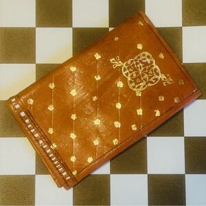 Vintage 1950s/60s Cognac-Brown Leather Gold Metallic Hand Painted Wallet